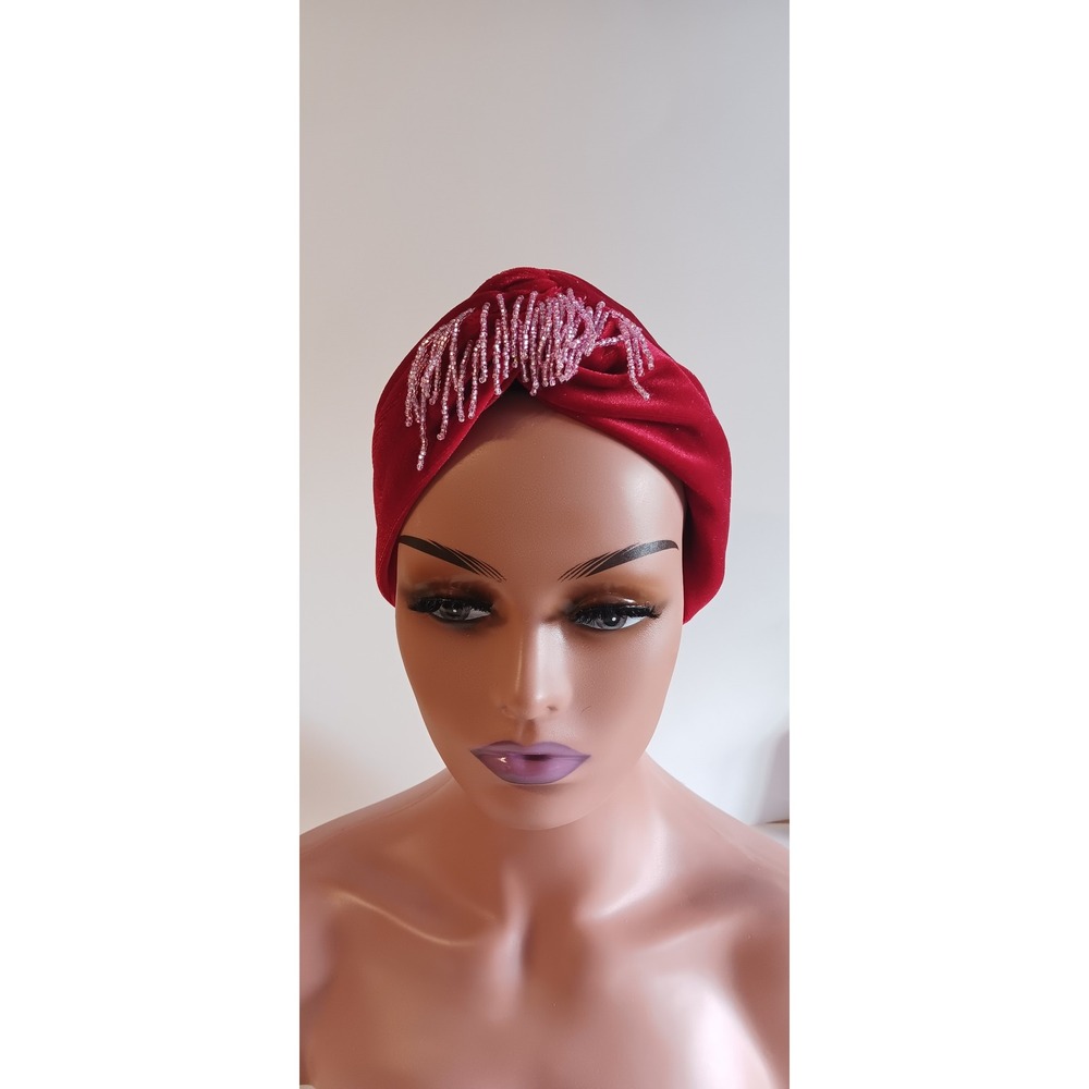 Burgundy Red Velvet Turban Front Twist Beaded Fringe Hijab Cap Head Covering